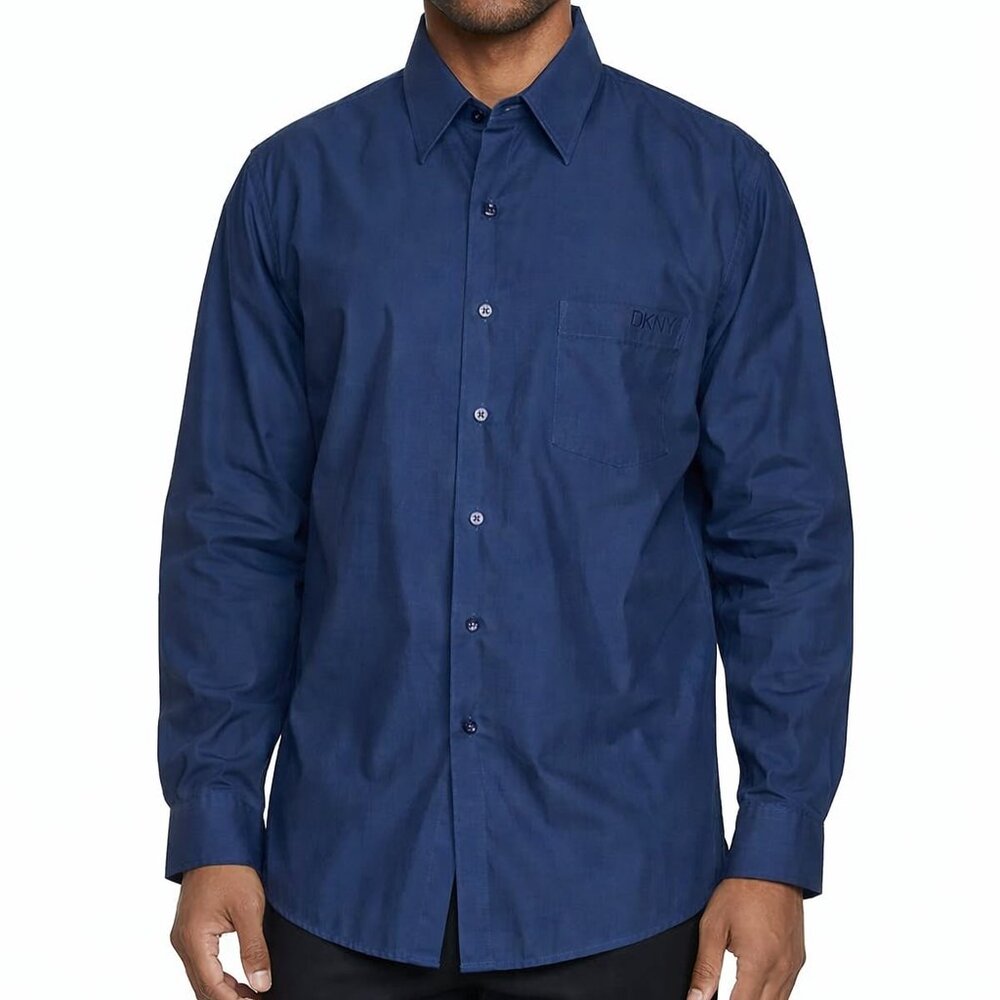 DKNY Navy Blue Dress Shirt 80s 2-Ply Cotton, Size 17.5 36/37 Dark Academia